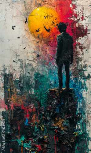 Abstract color painting on canvas. man standing on a pile of old books.