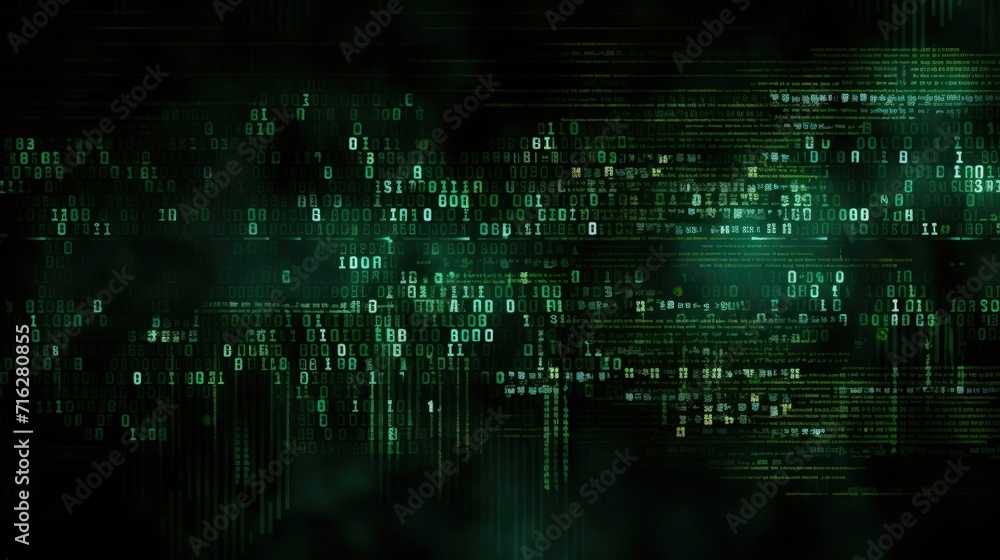 Dark green background with computer code