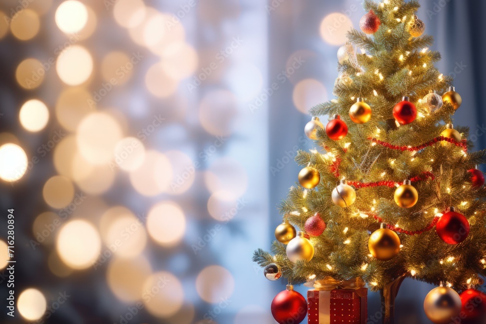 Christmas tree adorned against a blurred background