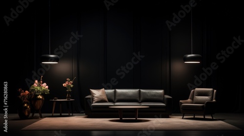 Dark luxury interior with a black leather couch and a vase of flowers.