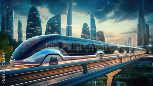 A high-speed public transportation system,  like a hyperloop or magnetic levitation train,  revolutionizing urban mobility in a smart city © basketman23