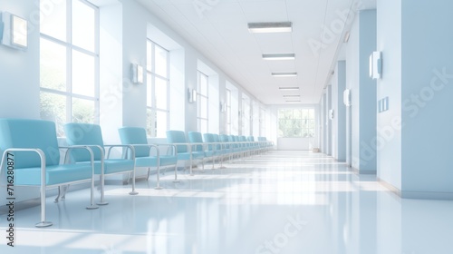 A long, bright hospital corridor with rooms and seating. photo