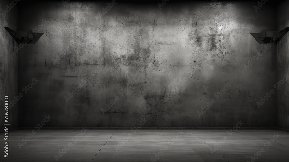 Empty studio space with dark concrete walls, a spotlight, and a concrete floor. Empty studio space with dark concrete walls, a spotlight, and a concrete floor.