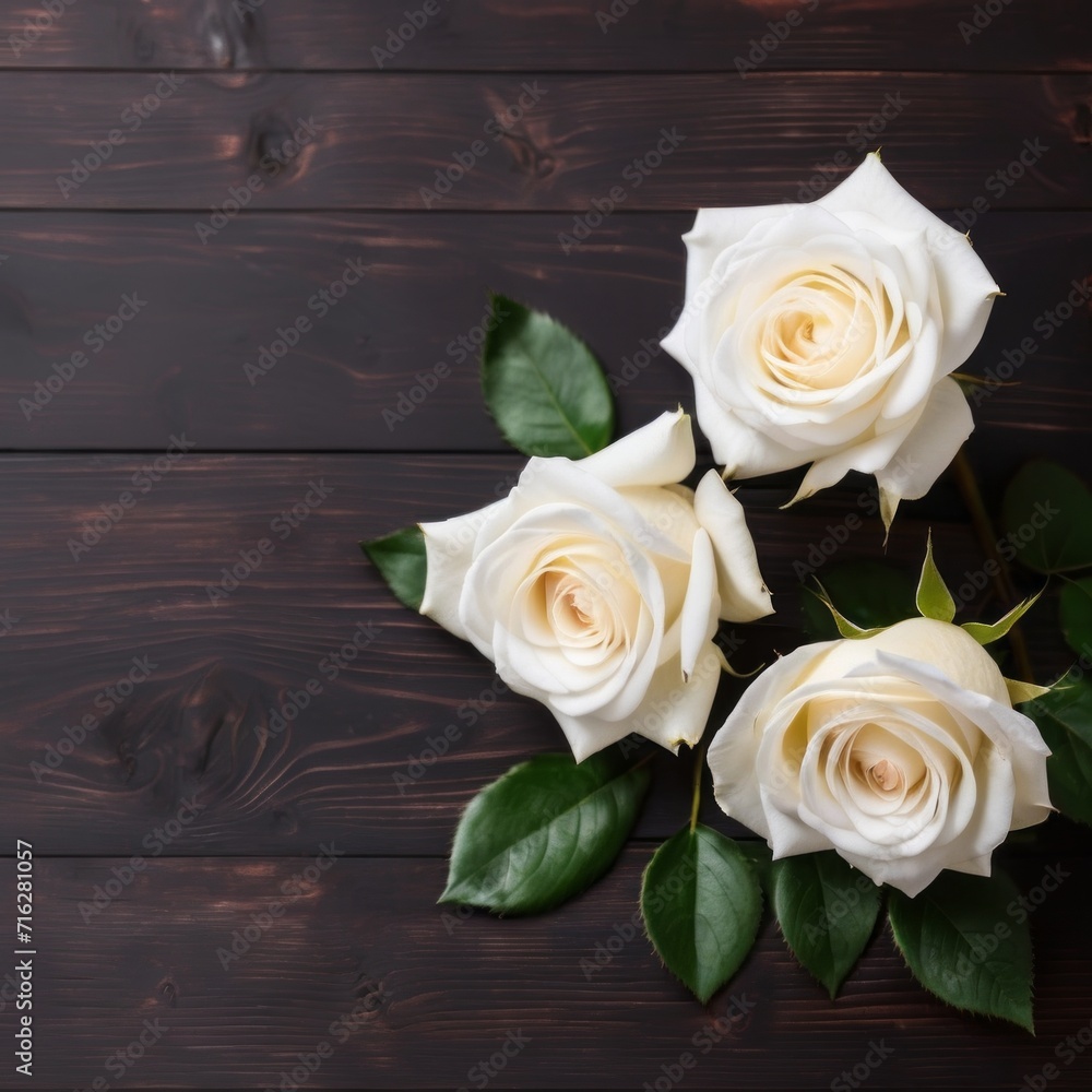 Flowers of white roses on wood background. Happy Valentine's Day with this romantic greeting card. Flowers of white roses on wood background. Happy Valentine's Day with this romantic greeting card.
