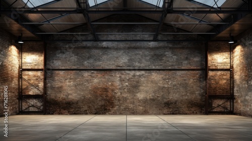Empty old warehouse interior with brick walls, concrete floor, and a black steel roof structure