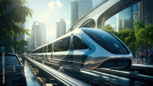 A high-speed public transportation system   like a hyperloop or magnetic levitation train   revolutionizing urban mobility in a smart city