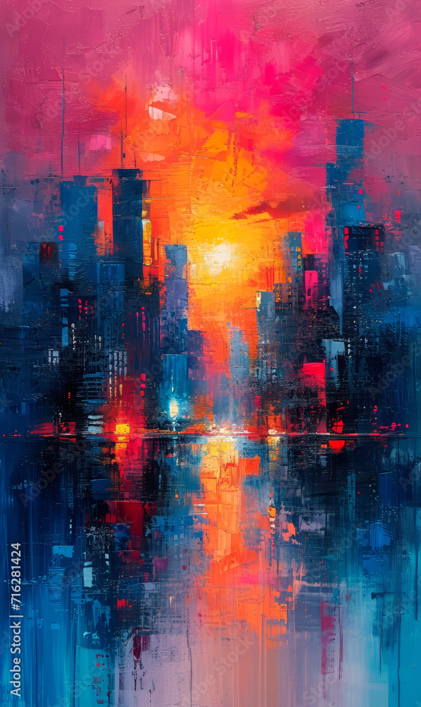 Abstract painting of the cityscape in blue, orange and red tones.
