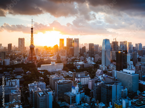 Downtown skyline with tower at sunset, Tokyo, Japan, Asia photo