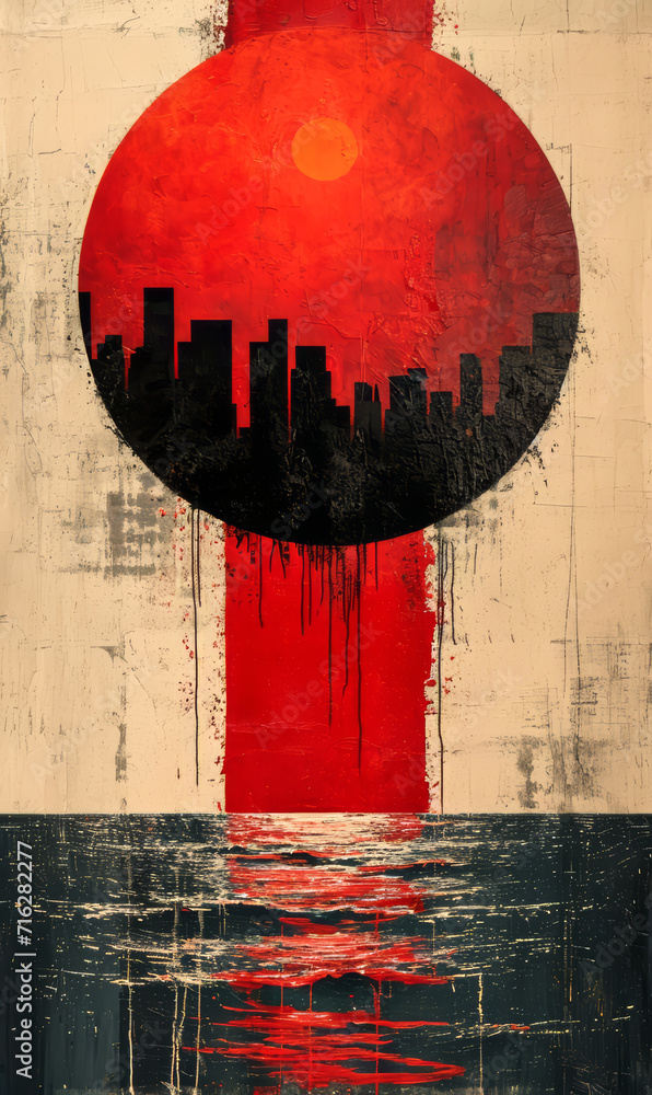 Naklejka premium Abstract red grunge background with cityscape and red sun illustration.