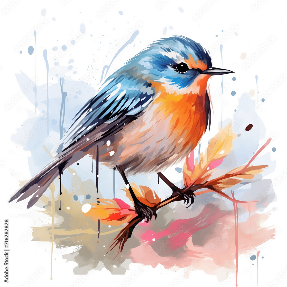 A watercolor image of a bird standing on a branch.