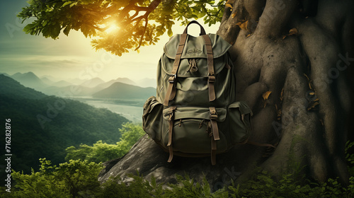 A hiking backpack was placed under a tree. photo