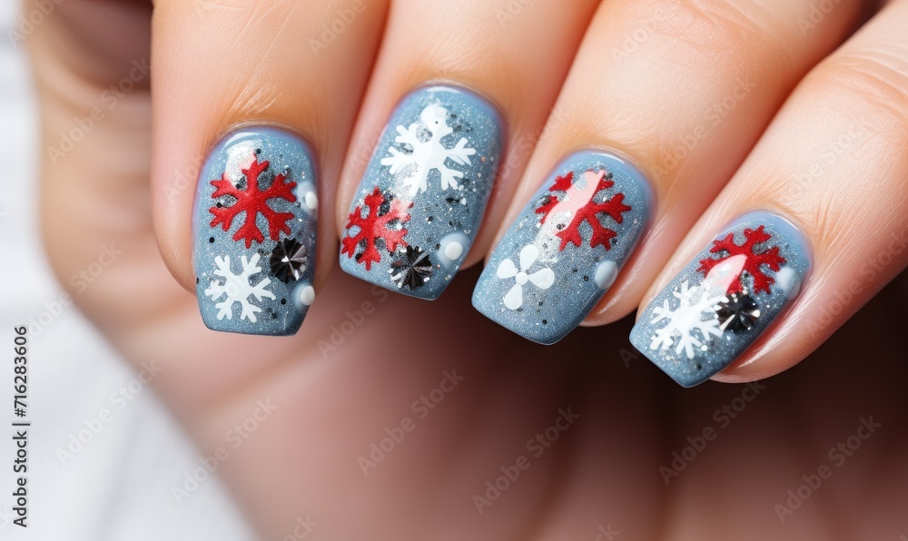 Blue and White Snowflake Manicure on a Woman's Hand Blue and White Snowflake Manicure on a Woman's Hand
