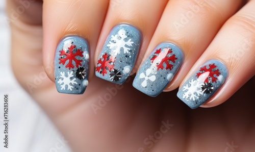 Blue and White Snowflake Manicure on a Woman's Hand