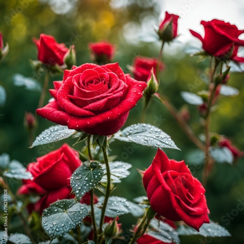 Red roses with leaves and stems covered in dew