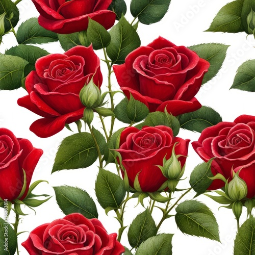 Red roses with leaves and stems covered in dew