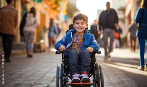Young Boy in Wheelchair Embracing Independence on Vibrant Urban Boulevard