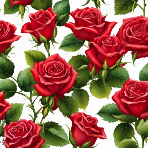 Red roses with leaves and stems covered in dew