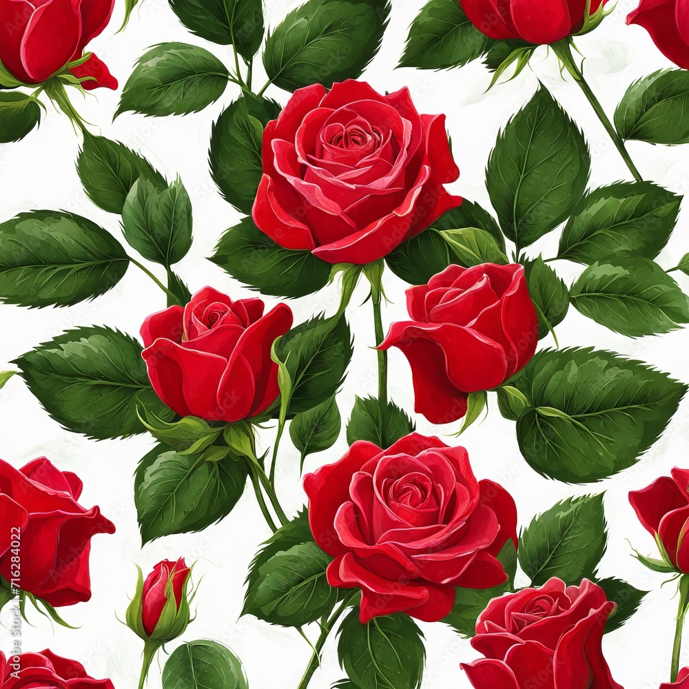 Red roses with leaves and stems covered in dew