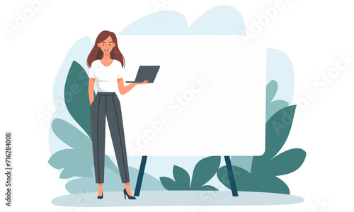 Flat vector illustration. Woman standing next to a large banner and holding a laptop, online presentation. Presentation and banner for a web site. Place for your text on the banner . Vector
