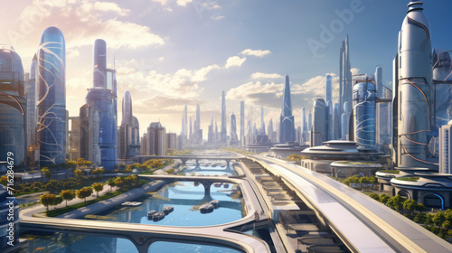 A bustling cityscape with futuristic skyscrapers and advanced transportation systems