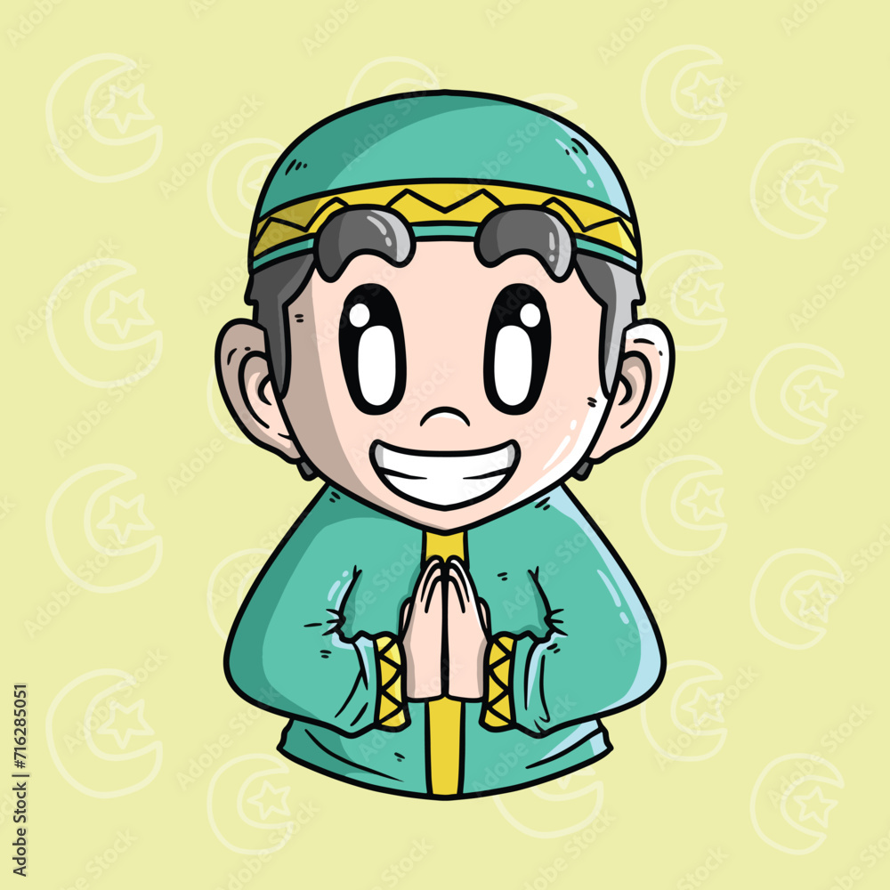 Cute smiling boy wearing islamic outfit cartoon vector illustration. Islamic vector cartoon illustration. Hand drawn vector illustration