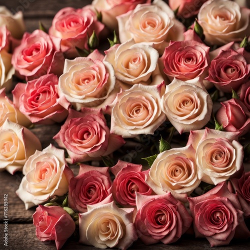 Beautiful Pink roses on wooden background