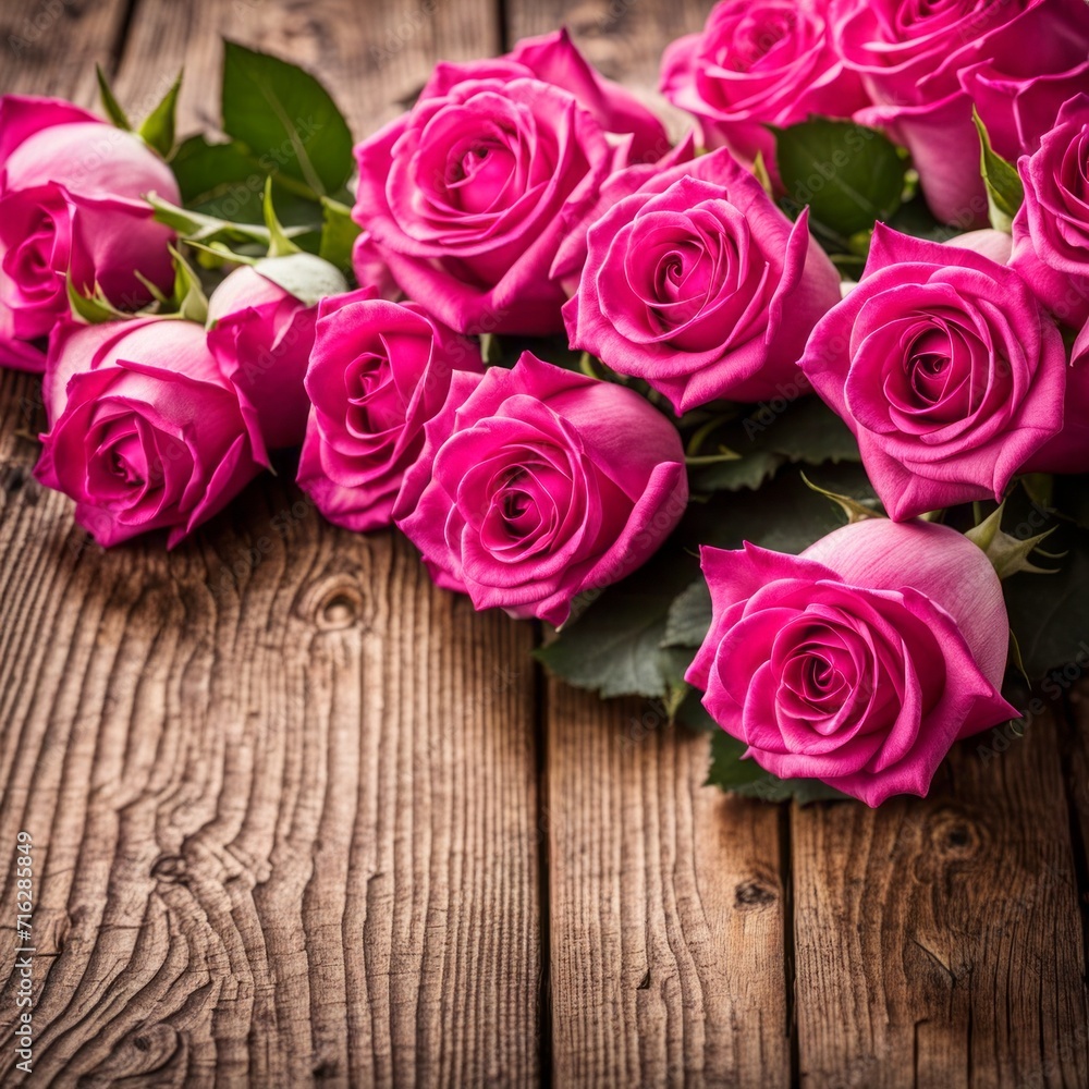 Beautiful Hot Pink roses on wooden background Beautiful Hot Pink roses on wooden background