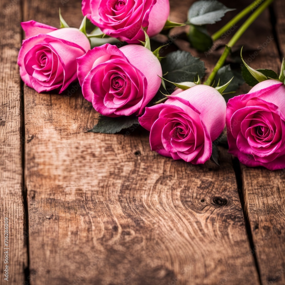Beautiful Hot Pink roses on wooden background Beautiful Hot Pink roses on wooden background