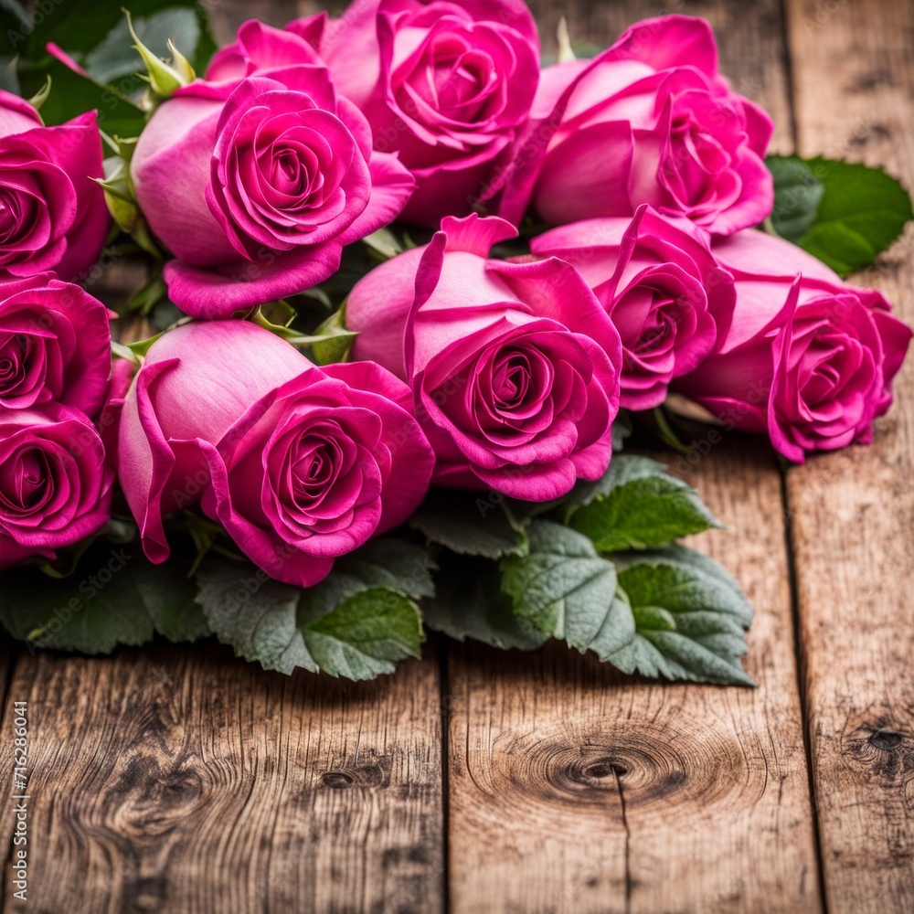 Beautiful Hot Pink roses on wooden background Beautiful Hot Pink roses on wooden background