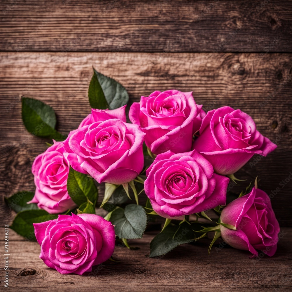 Beautiful Hot Pink roses on wooden background Beautiful Hot Pink roses on wooden background