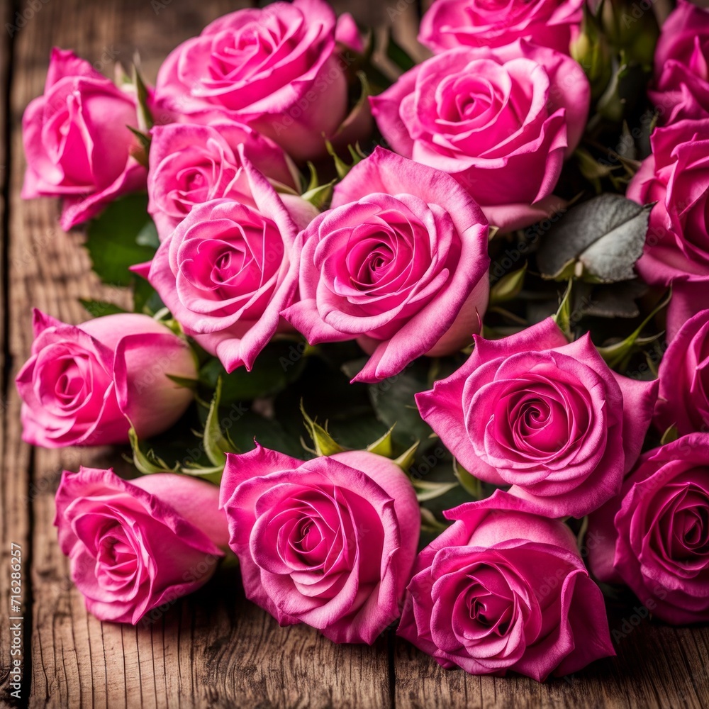 Beautiful Hot Pink roses on wooden background Beautiful Hot Pink roses on wooden background