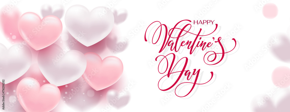 Happy Valentine's Day hand lettering vector. With a beautiful background of 3D hearts. Vector illustration. Text for a card or invitation.