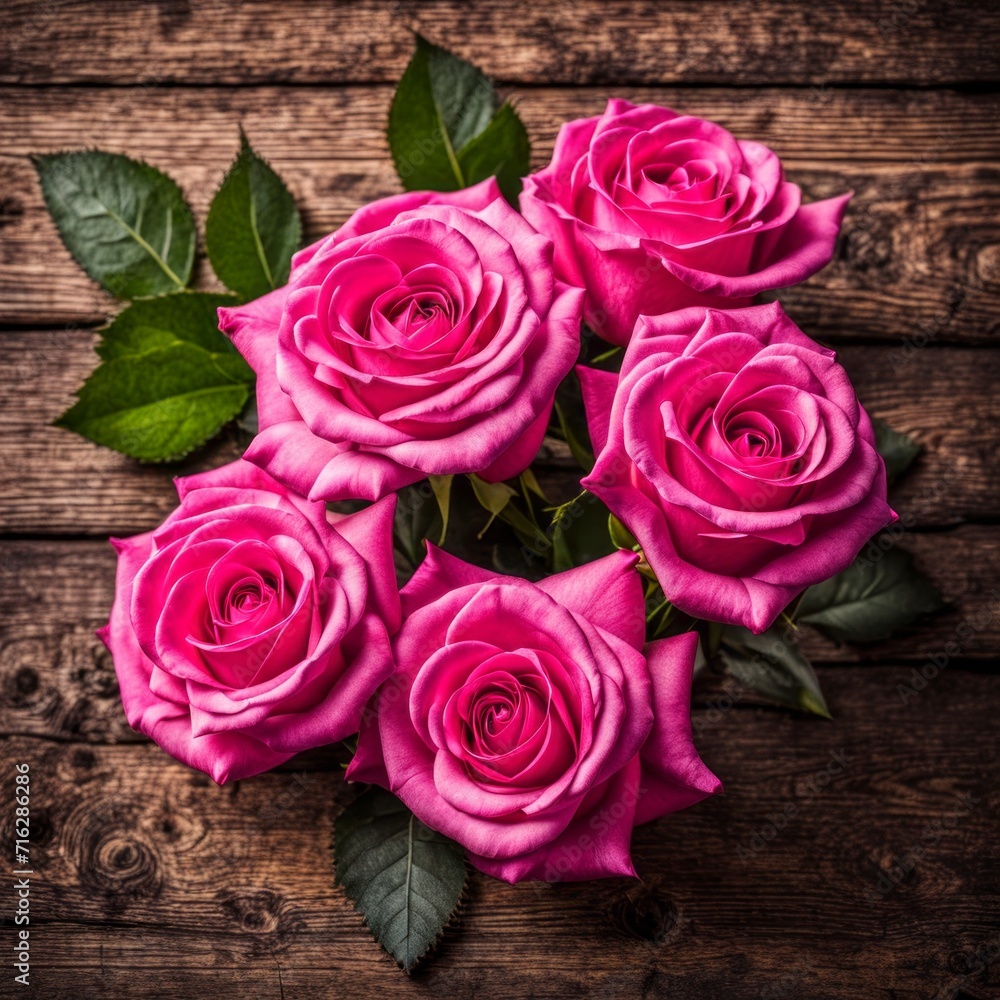 Beautiful Hot Pink roses on wooden background Beautiful Hot Pink roses on wooden background