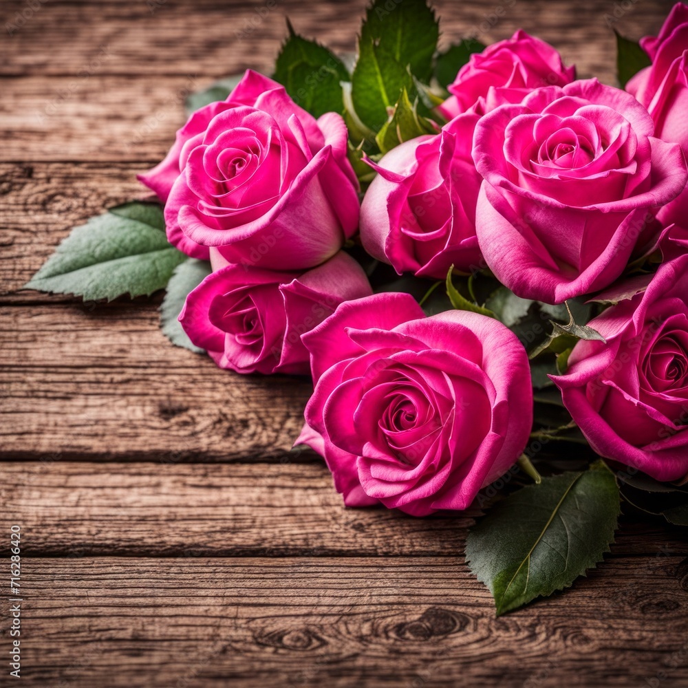 Beautiful Hot Pink roses on wooden background Beautiful Hot Pink roses on wooden background