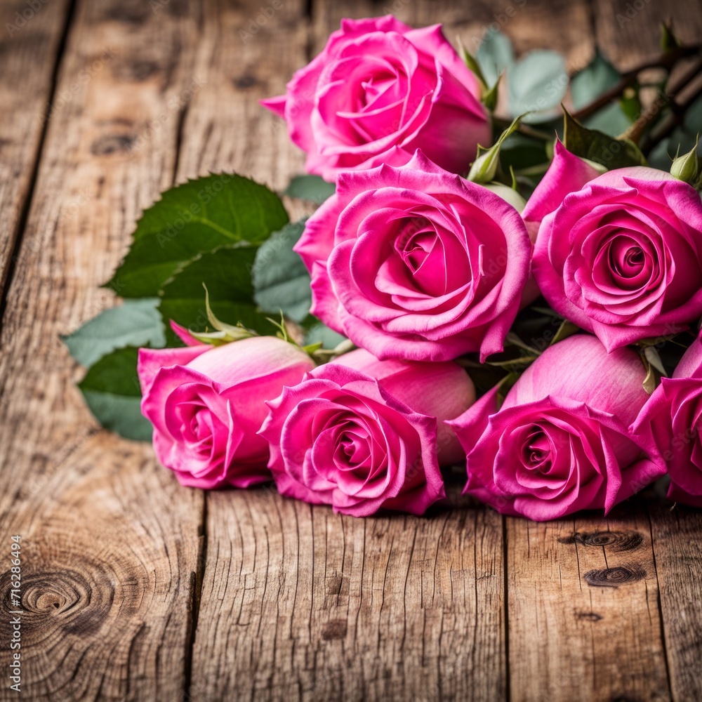 Beautiful Hot Pink roses on wooden background Beautiful Hot Pink roses on wooden background