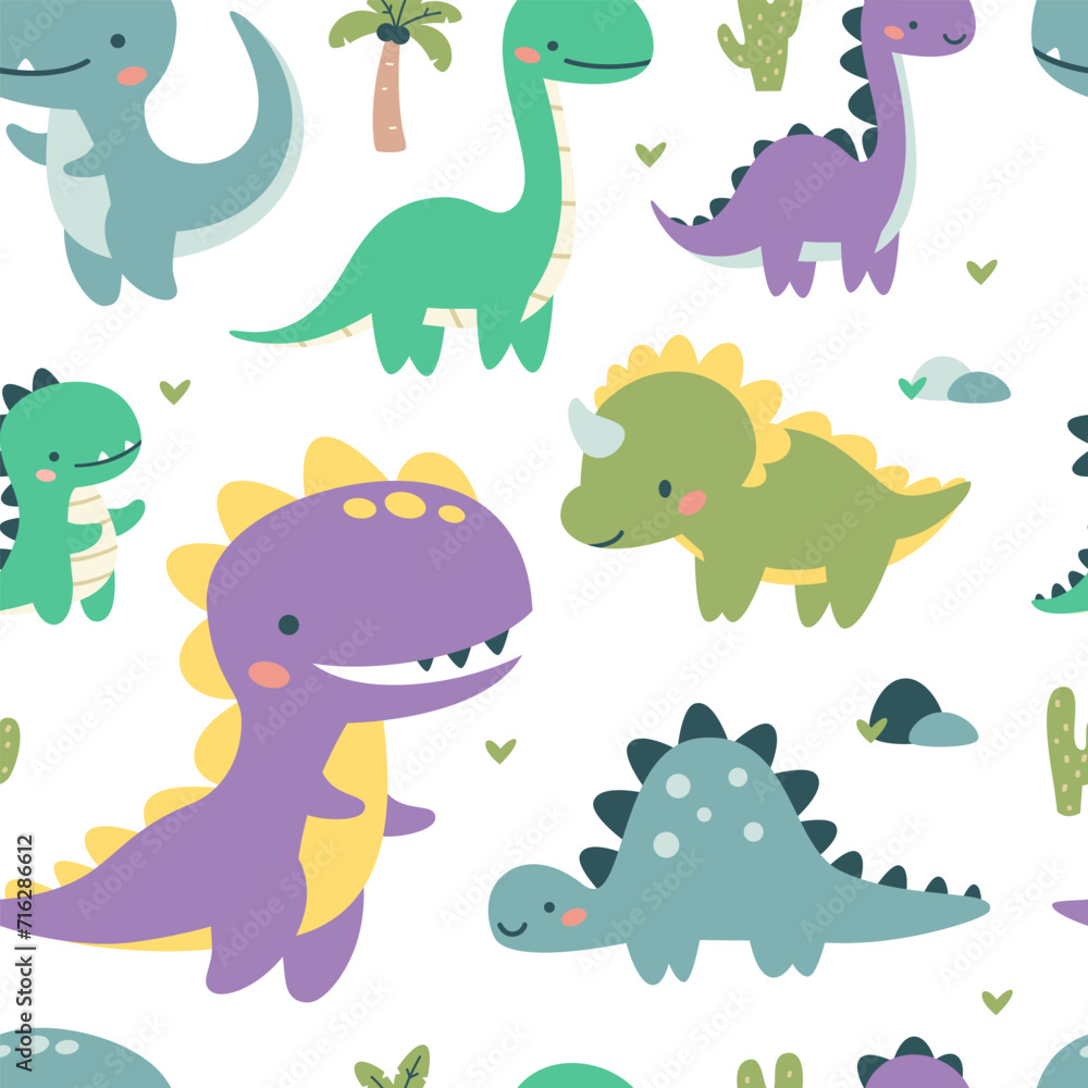 Obraz premium Seamless vector pattern. Cute dinosaurs in bright colors. Illustrations in a simple children's style. White background . Vector illustration