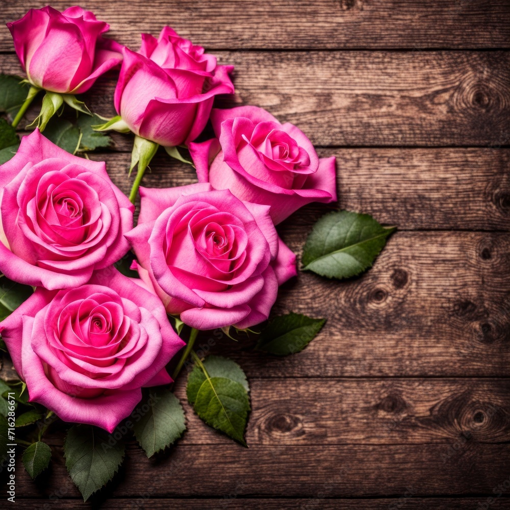 Beautiful Hot Pink roses on wooden background