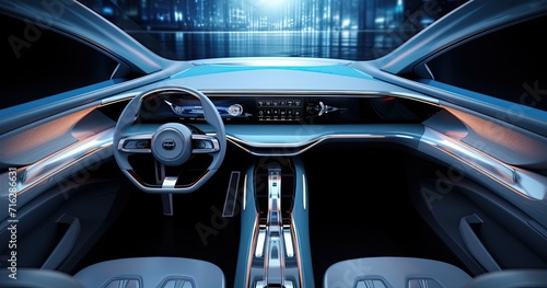 The cockpit of a futuristic autonomous car, showcasing advanced technology and sleek design. © Murda