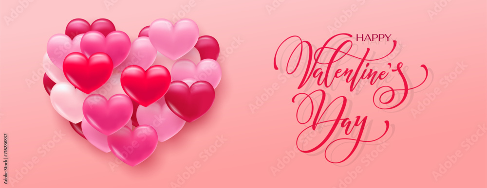 Happy Valentine's Day hand lettering vector. With a beautiful background of 3D hearts. Vector illustration. Text for a card or invitation.