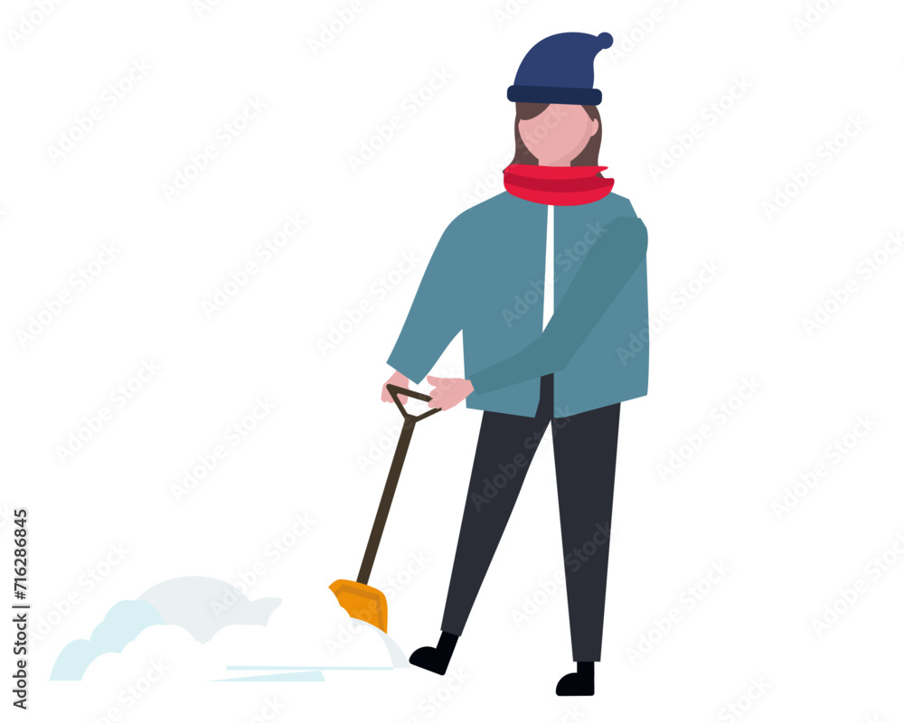 雪かきをする女性。大雪、除雪。ベクターイラスト 雪かきをする女性。大雪、除雪。ベクターイラスト
