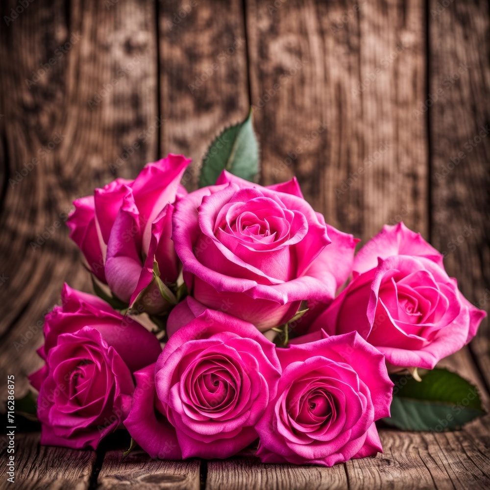 Beautiful Hot Pink roses on wooden background