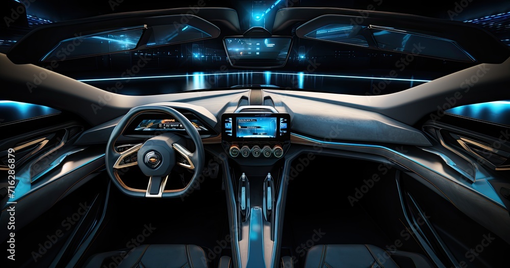 The cockpit of a futuristic autonomous car, showcasing advanced technology and sleek design.