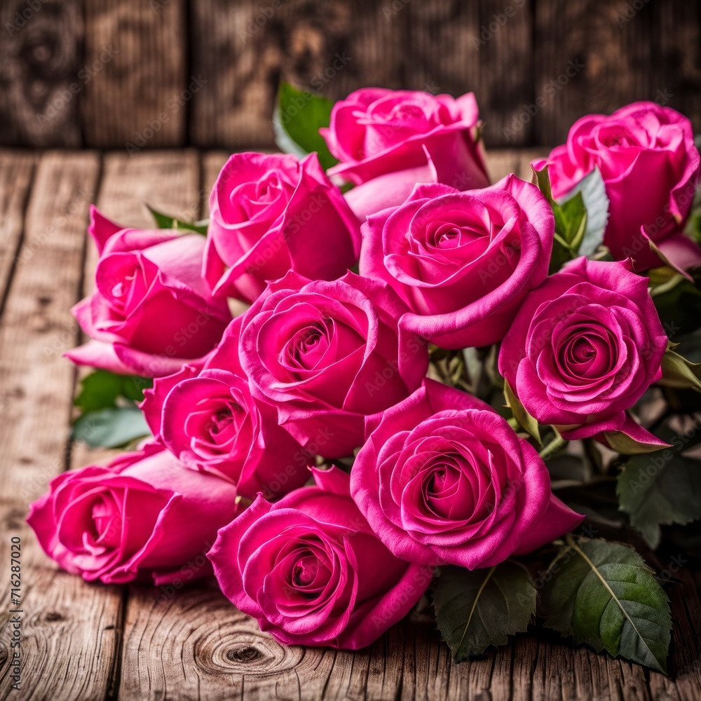 Beautiful Hot Pink roses on wooden background Beautiful Hot Pink roses on wooden background