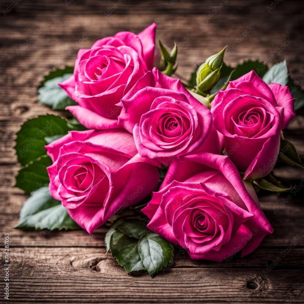 Beautiful Hot Pink roses on wooden background Beautiful Hot Pink roses on wooden background