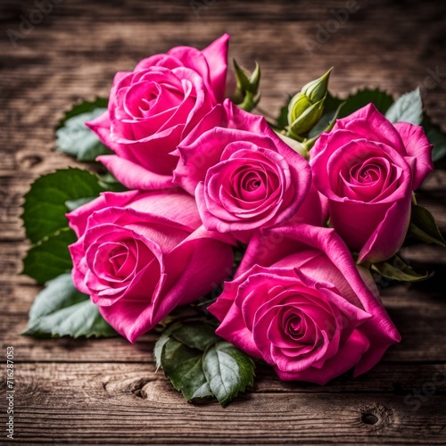 Beautiful Hot Pink roses on wooden background