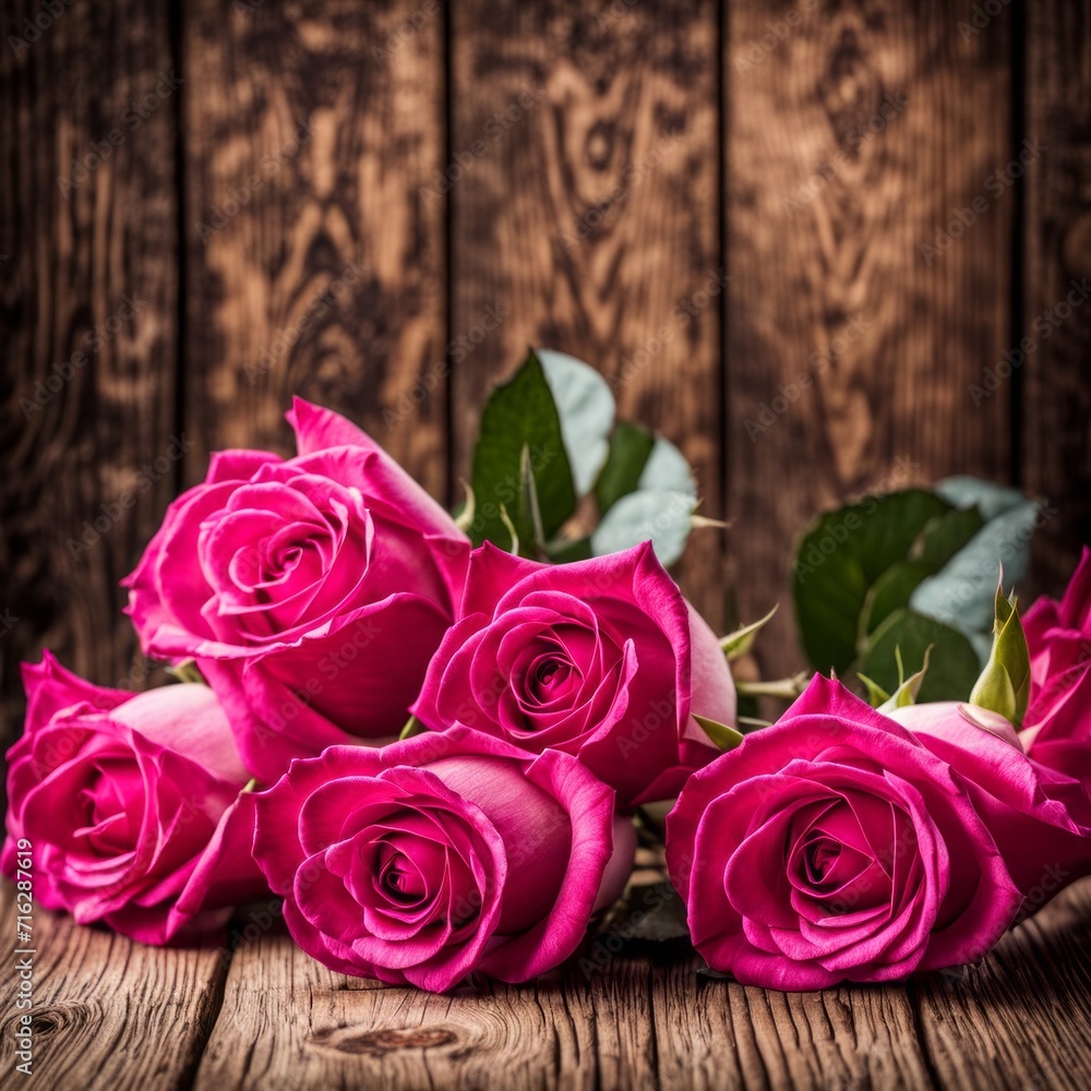 Beautiful Hot Pink roses on wooden background