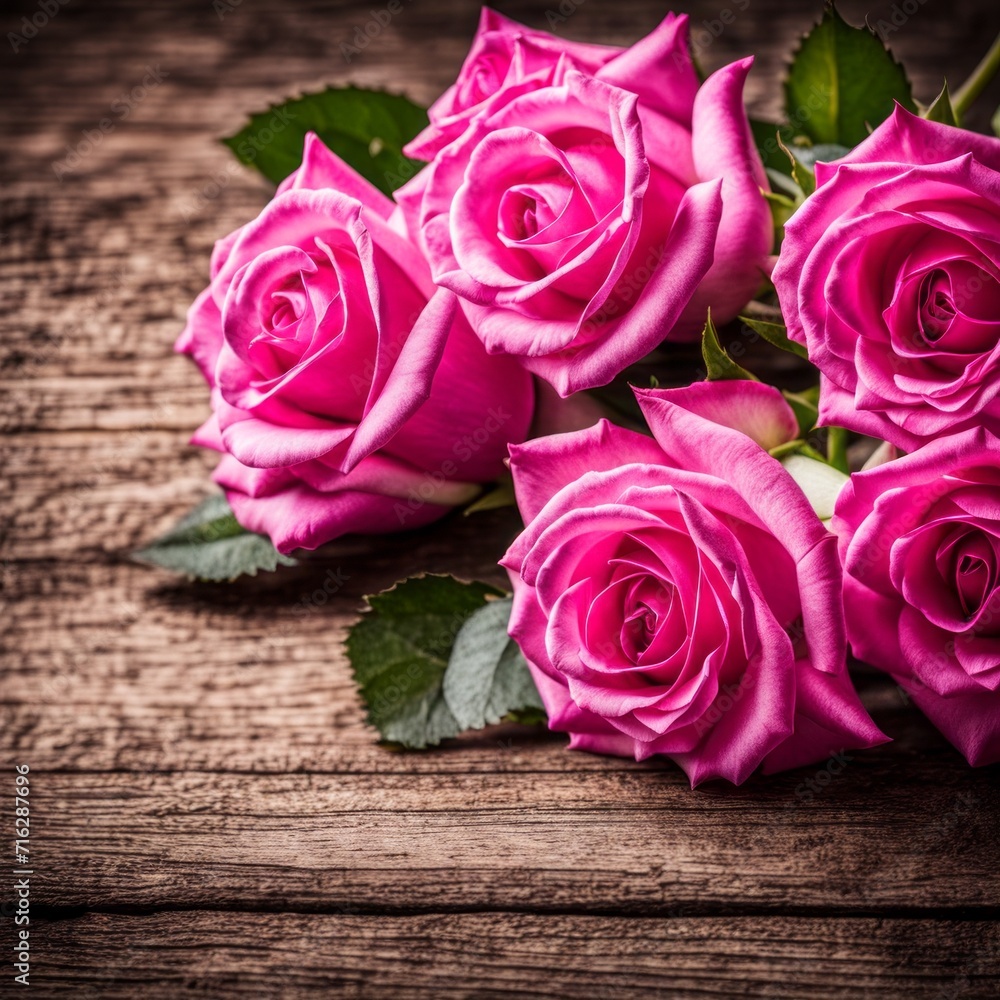 Beautiful Hot Pink roses on wooden background Beautiful Hot Pink roses on wooden background