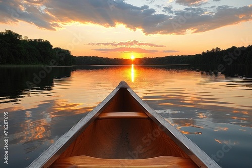 Bow of a canoe on a lake at sunset