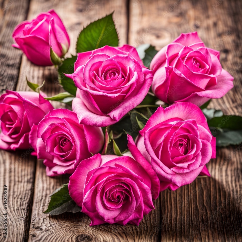 Beautiful Hot Pink roses on wooden background Beautiful Hot Pink roses on wooden background