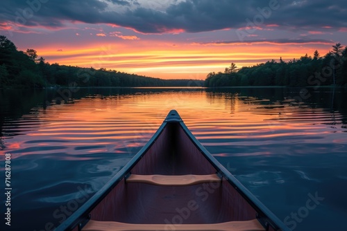Fototapete Bow of a canoe on a lake at sunset